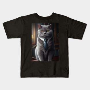 Adorable Cat In A Suit - Cute British Shorthair Print Art for Cat Lovers Kids T-Shirt